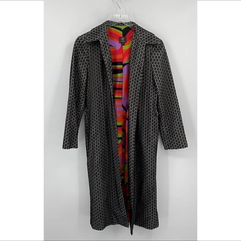 Jussara black lace duster jacket blazer lined silk swirl open front long women S